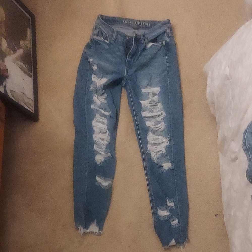 American Eagle Outfitters Women's Distressed Boyfriend Jeans - Blue